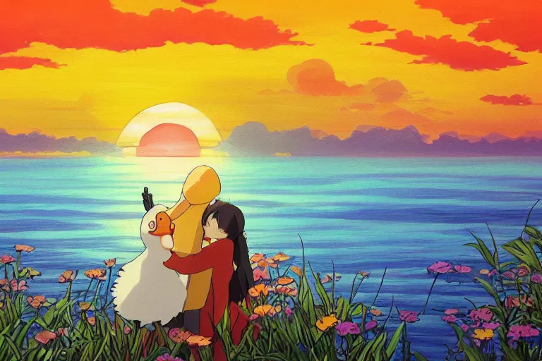 Image similar to a bright cute studio ghibli painting of an anime duck hugging a woman, beautiful sunset over the water, in the style of studio ghibli, highly detailed, 4K, smooth, trending on artstation, japanese, sumi-e