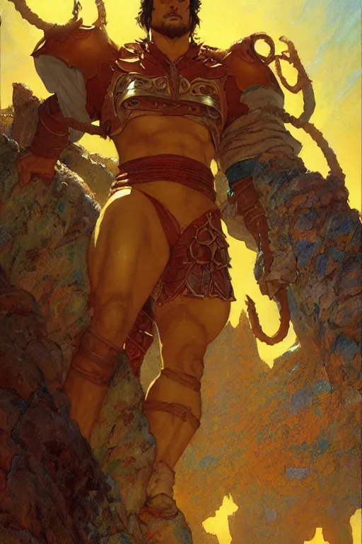 Image similar to tales from earthsea, attractive beefy male with armor, character design, dynamic lighting, cool and bright tint, painting by gaston bussiere, craig mullins, j. c. leyendecker, tom of finland
