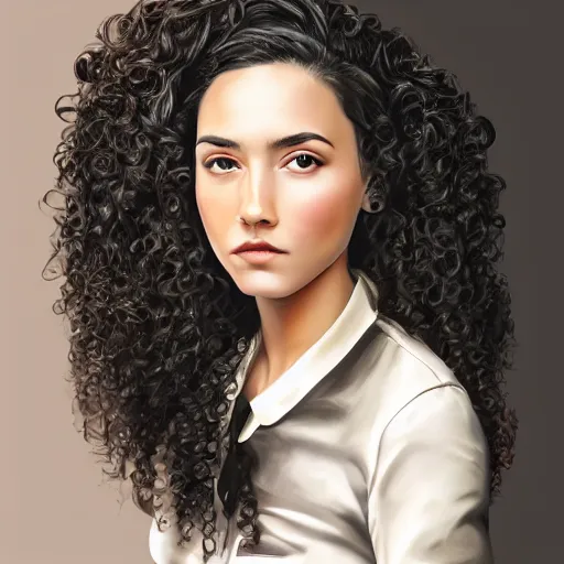 Prompt: portrait of a young lady with curly black hair round face, big brown eyes, picture, hyperrealistic, focused, detailed, computer painting