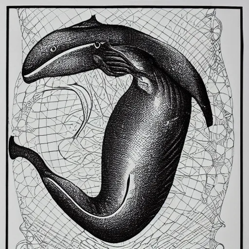 Prompt: a line drawing of a whale, by moebius, by ernst haeckel