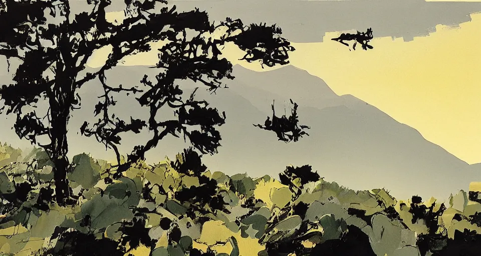 Image similar to a beautiful landscape with trees and mountains, by ashley wood