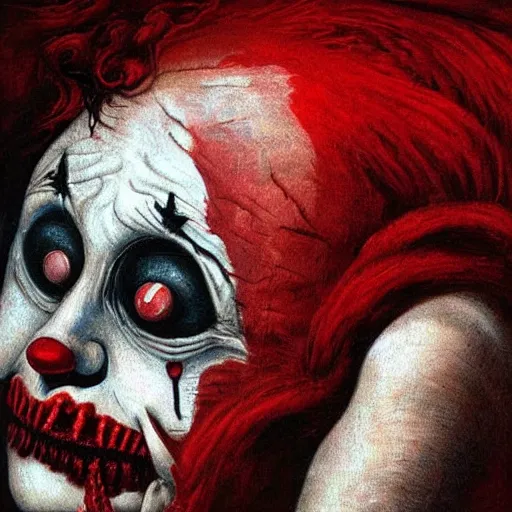 Image similar to nightmare clown drowning in his sorrows and depression, surrealist horror painting with soft, gothic red black and brown colors. soft paint strokes evoking profound sadness, killer clown spiraling into hopelessness. renaissance oil painting, incredibly detailed.