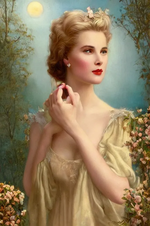 Prompt: A young and extremely beautiful Grace Kelly explaining the birds and the bees by Tom Bagshaw in the style of a modern Gaston Bussière, art nouveau, art deco, surrealism. Extremely lush detail. Night scene. Perfect composition and lighting. Profoundly surreal. Lush surrealistic photorealism. Sultry and mischevious expression on her face.