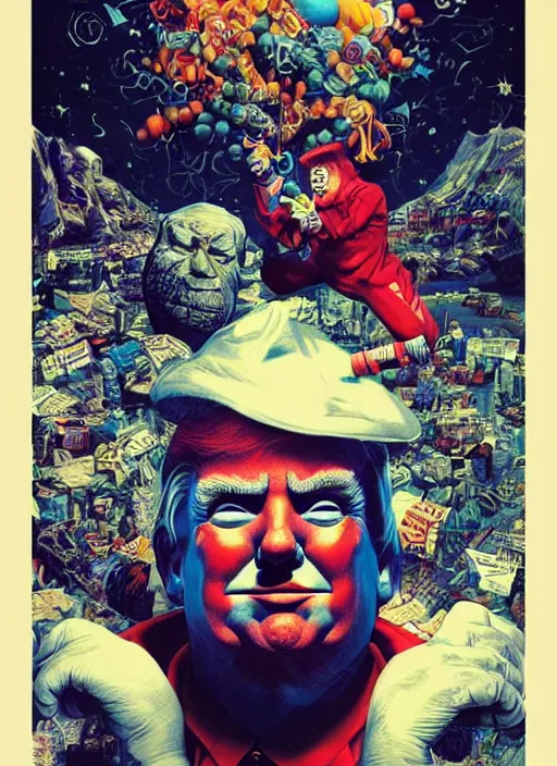 Image similar to donald trump is a clown destroying the planet, grotesque, horror, high details, intricate details, by vincent di fate, artgerm julie bell beeple, 60s, inking, vintage 60s print, screen print
