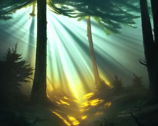 Image similar to dark twisted forest with god rays at sunset, deep focus, d & d, fantasy, intricate, elegant, highly detailed, digital painting, artstation, concept art, matte, sharp focus, illustration, hearthstone,