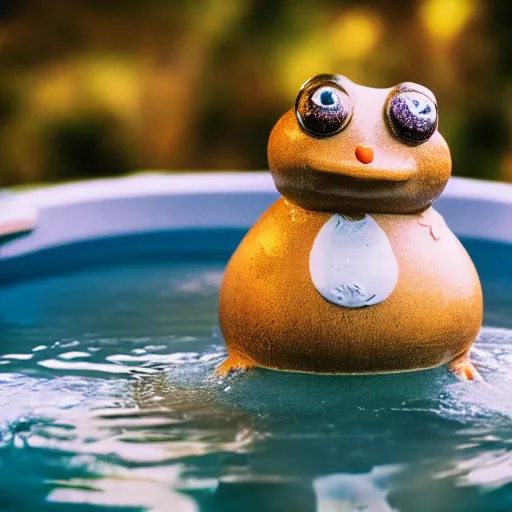 Prompt: cinematic photo of a taxidermized fat wet toad held by a smiling taxidermized snowman in a hot tub, vhs copy, film grain, motion blur, bokeh