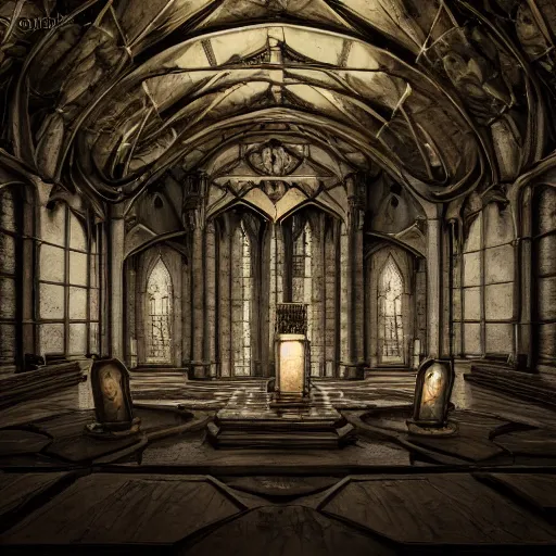 Prompt: beautiful gothic high court room, epic fantasy, 3d with depth of field, blurred background, female, nautilus. A highly detailed epic cinematic concept art CG render. made in Maya, Blender and Photoshop, octane render, excellent composition, cinematic dystopian brutalist atmosphere, dynamic dramatic cinematic lighting, aesthetic, stylized, very inspirational, Koda Kazuma, Kentaro Miura, Tetsuya Nomura, Yusuke Murata