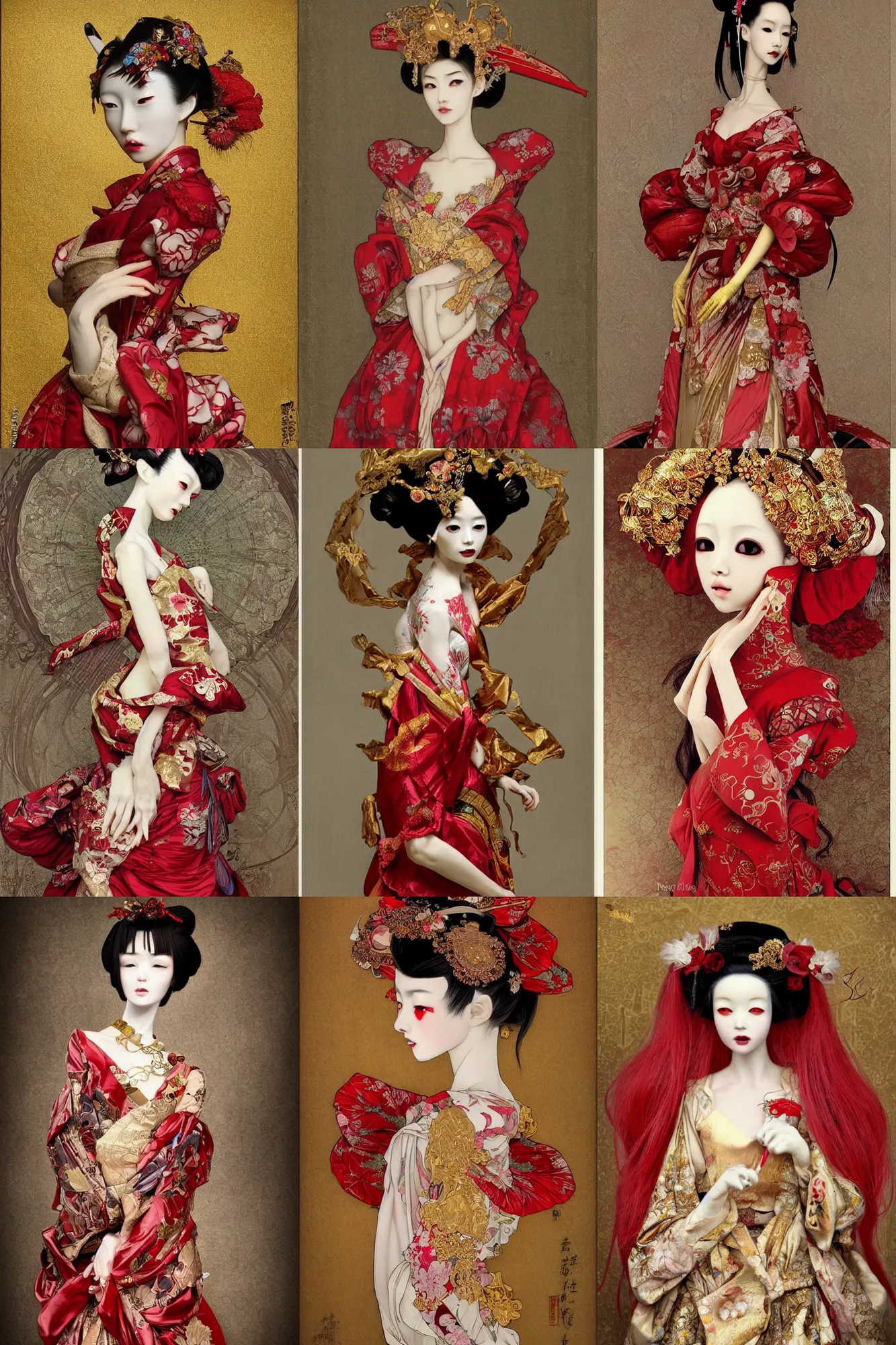 Prompt: photorealistic avant - garde vogue portrait of an emaciated japanese bjd geisha queen with a long neck in a victorian lolitafashion red dress by nekro, alphonse mucha, dark - fantasy, intricate detail, cgsociety, rococo, gold leaf art