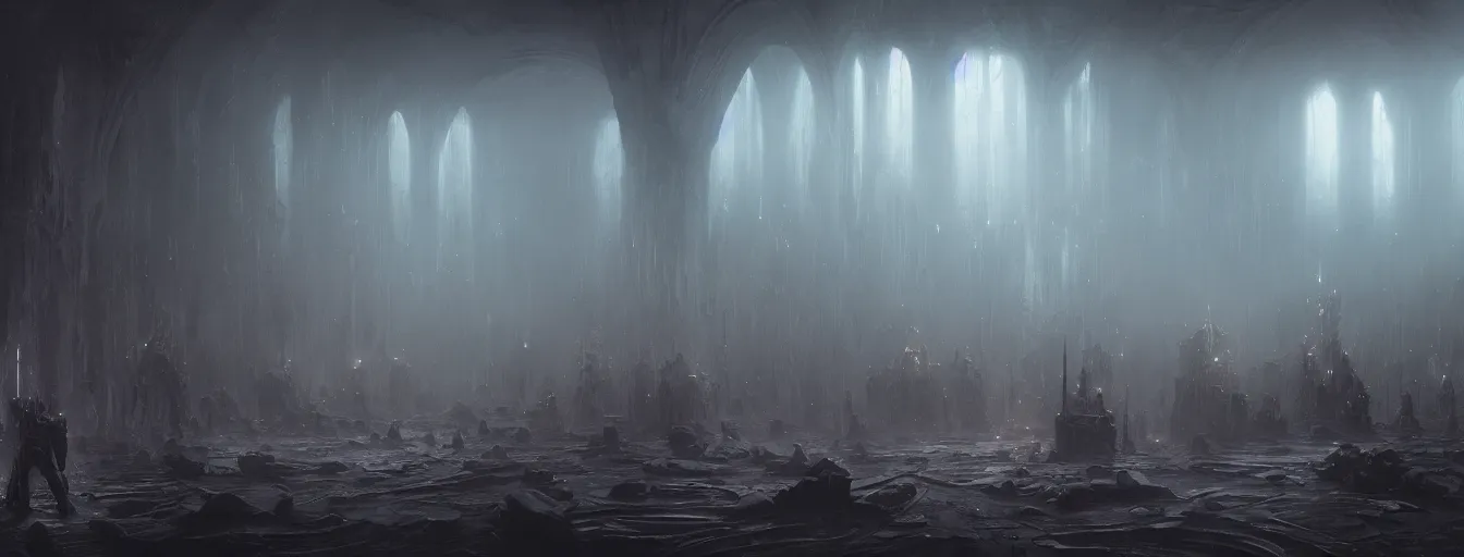 Prompt: dark fantasy biomachanical space ship interior, inside the torture chamber, undead alien guard figures, ethereal, ominous, dramatic cinematic lighting, volumetric 8 k, cryengine, by greg rutkowski, h. r. giger and zdizslaw beksinski, elden ring