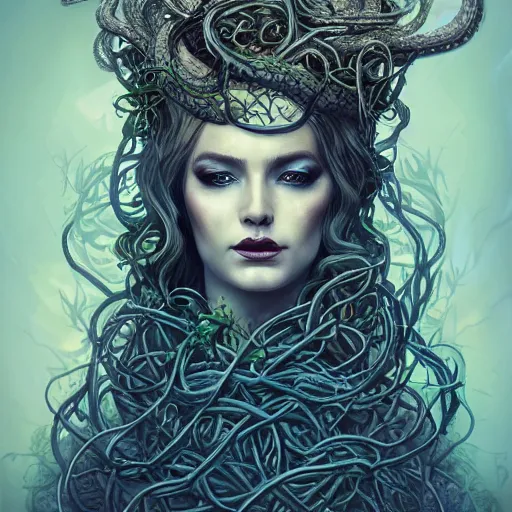 Image similar to dynamic portrait of the dark queen of snakes wearing a crown of vines, blue skin, realism, dark fantasy illustration, surrounded by snakes in a dead forest, dramatic lighting, octane render, artstation