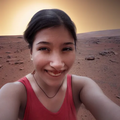 Prompt: a girl taking a selfie on mars, 8k, highly detailed skin, highly detailed face, photo