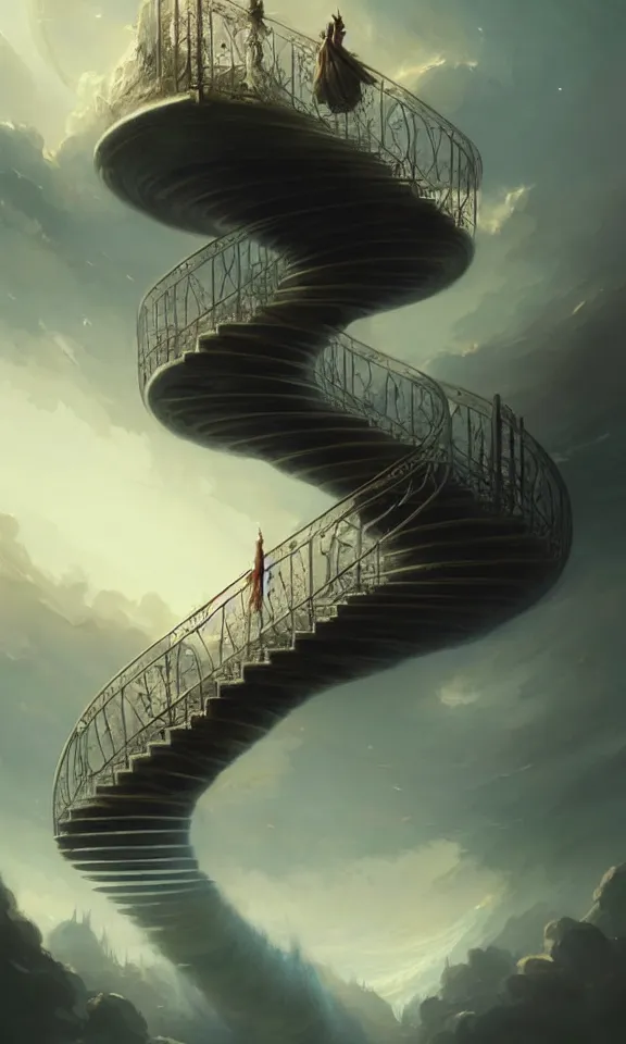 Image similar to endless stairs to universe, sky full of clouds, art by greg rutkowski and peter mohrbacher, featured in artstation, octane render, cinematic, elegant, intricate, ultra detailed, rule of thirds, professional lighting, unreal engine, fantasy, concept art, sharp focus, illustration, 8 k