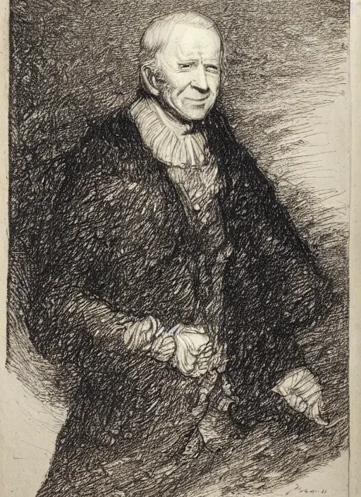 Prompt: etching sketch of Joe Biden by Rembrandt van Rijn