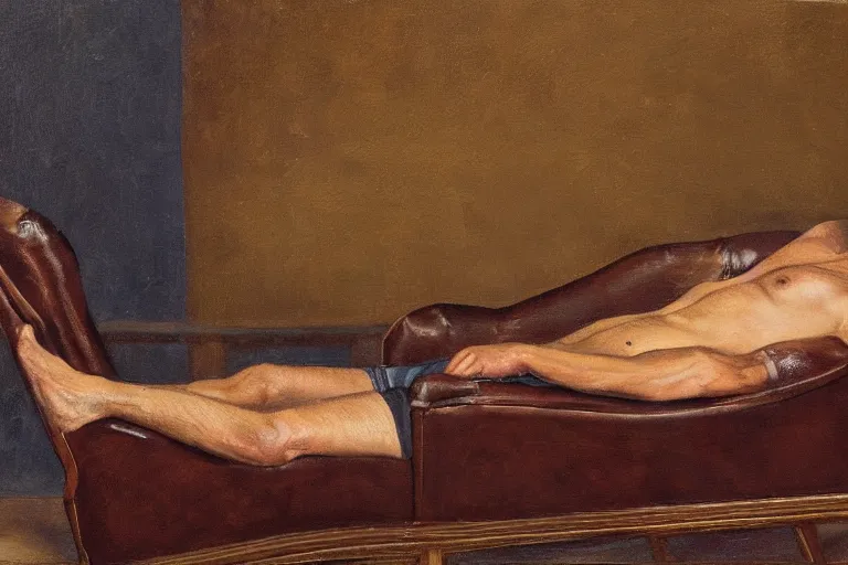 Prompt: a oil painting painting of a caucasian man relaxing on a brown reclined leather chair