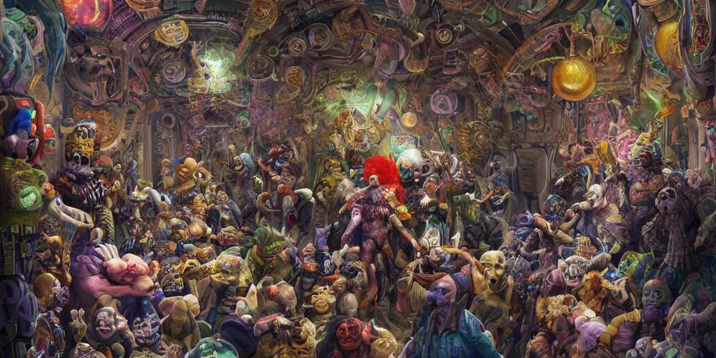 Prompt: the hallway of a space station crowded with strange characters and chaos, clown in the center of the hallway throwing a banana peel, insanely detailed and intricate, hypermaximalist, elegant, ornate, hyper realistic, super detailed, Art Deco, cinematic, trending on artstation, magic the gathering artwork, centered