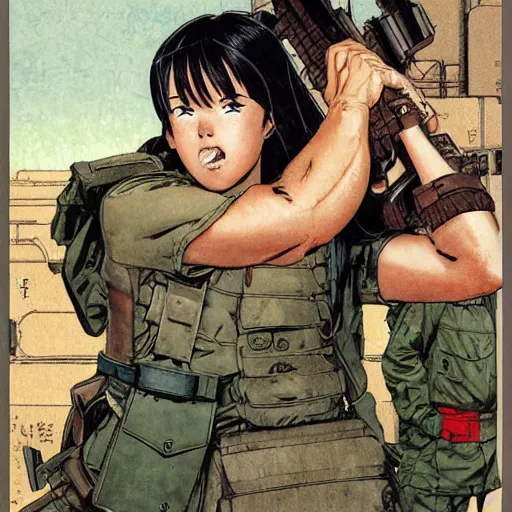 Image similar to manga style, marvel japan coloring, side portrait of a girl, trench and sandbags in background, realistic soldier clothing, realistic anatomy, norman rockwell, tom lovell, alex malveda, jack kirby, greg staples