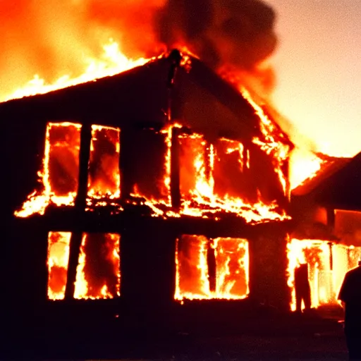 Image similar to a movie scene of a burning house, a man standing and watching the house while it's burning, by Roger Deakins, by Stanley Kubrick, cinestill 800t, HD, high detail, trending on artstation