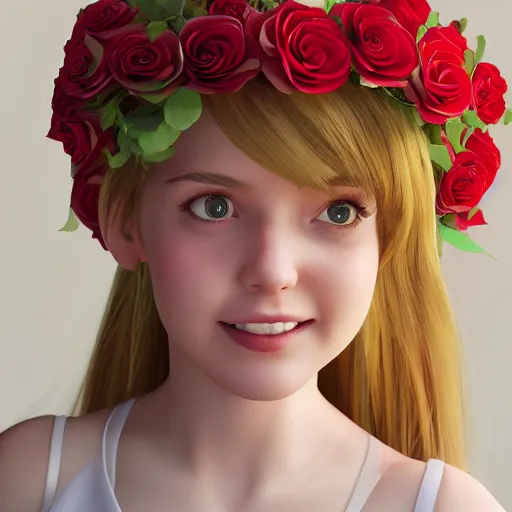 Image similar to Photo portrait, cute teen girl with red hair dressed in white baby doll dress smiling, wearing natural makeup, holding a bouquet of roses in her hands, ultrarealistic, hyperrealism, cinematic, intricate detail, 3D rendered, photo realistic, clean detail, octane rendering, vray, unreal engine 5, 8k