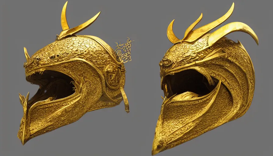 Prompt: viking dragon helmet in a museum, made from gold, photorealistic render