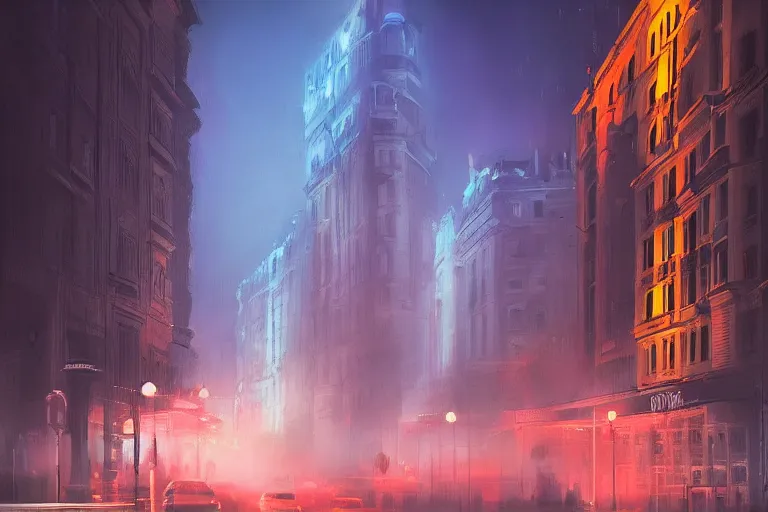 Image similar to bucharest city at night, street, buildings, wide angle, fog, neon lights, atmospheric, concept art, artstation