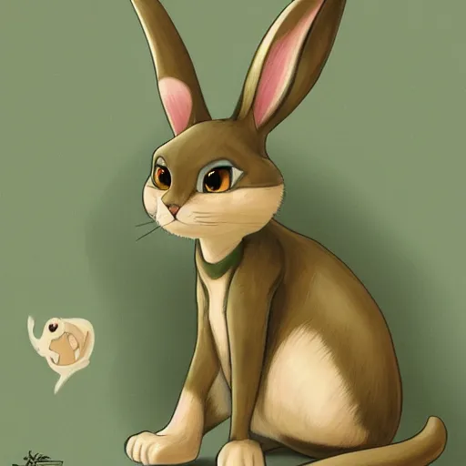 Image similar to realist detailed painting concept art of a cute beige cat with big green eyes, long floppy rabbit ears, and long tail, in the art style of nakanoart, ebbarie, kajenna