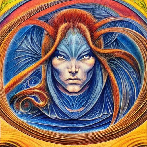 Image similar to most beautiful silk brethren, azure milieu of desert of reality, unhinged logos in the style of william blake, terese nielsen, detailed, intricate, beautiful faces, extremely detailed and aesthetic, steve argyle, pastoral fantastic reality