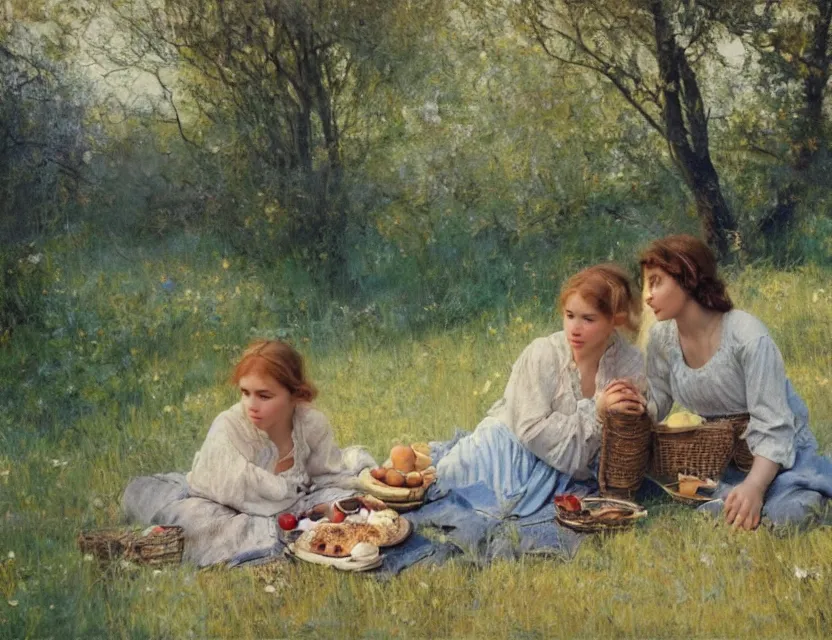 Prompt: 2 peasant girl on a picnic, cottage core, cinematic focus, polaroid photo bleached vintage pastel colors high - key lighting, soft light, foggy, by steve hanks, by lisa yuskavage, by serov valentin, by tarkovsky, 8 k render, detailed, oil on canvas