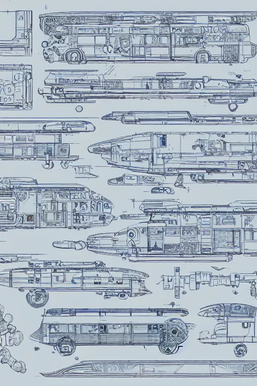 Prompt: blueprint sheet, fantastic scifi tech bus Design, Details, illustration , in the style of Studio ghibli, tekkon kinkreet, akira, breath of the wild, myazaki, anime, clean render, denoise, rule of thirds