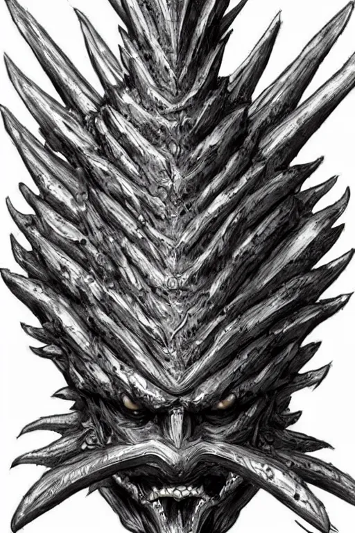 Prompt: screaming pineapple humanoid figure monster wearing themed armour, symmetrical, highly detailed, digital art, sharp focus, trending on art station, kentaro miura manga art style