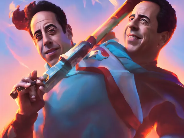 Image similar to portrait of jerry seinfeld from seinfeld as a fighter wielding a microphone weapon, rule of thirds, sky blue gradient, photorealistic facial features, league of legends splash art, by chengwei pan, huang guangjian, viktoria gavrilenko, artgerm, greg rutkowski, 8 k, octane, digital painting, artstation