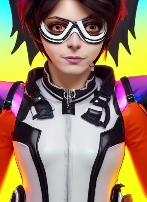 Image similar to portrait bust digital artwork of tracer overwatch, wearing white iridescent rainbow latex and leather straps catsuit outfit, 4 k, expressive happy smug expression, makeup, in style of mark arian, angel wings, wearing detailed black leather collar, chains, black leather harness, detailed face and eyes,