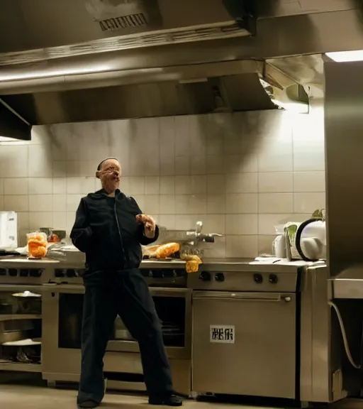 Image similar to film still of walter white cooking delicious food inside a professional restaurant kitchen in the tv show breaking bad, full-shot, 4k