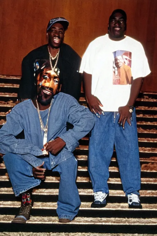 Image similar to Snapshot of smiling Tupac and Biggie on the staircase to Heaven