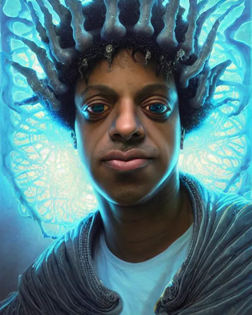 Prompt: a headshot of a stokely the slump god, headlocks, made of fractals facing each other, ultra realistic, wide angle, intricate details, the fifth element artifacts, highly detailed by peter mohrbacher, hajime sorayama, wayne barlowe, boris vallejo, aaron horkey, gaston bussiere, craig mullins