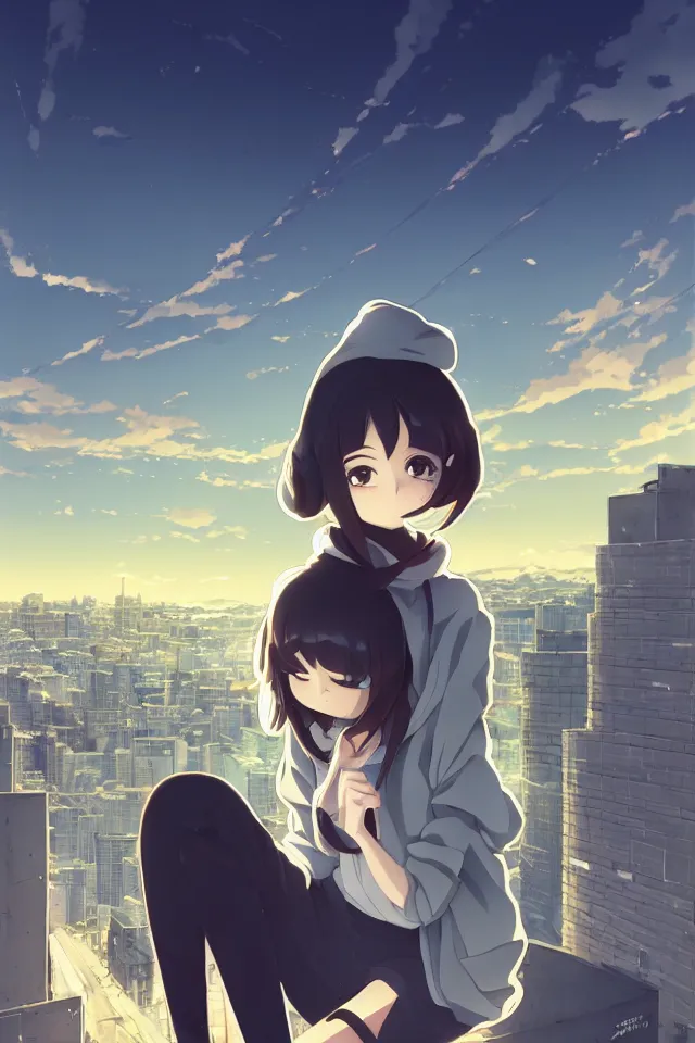 Prompt: anime visual, portrait of a young black haired girl wearing hoodie sightseeing above the city, guardrail, cute face by yoh yoshinari, katsura masakazu, dramatic lighting, dynamic pose, dynamic perspective, strong silhouette, ilya kuvshinov, anime cels, rounded eyes, moody