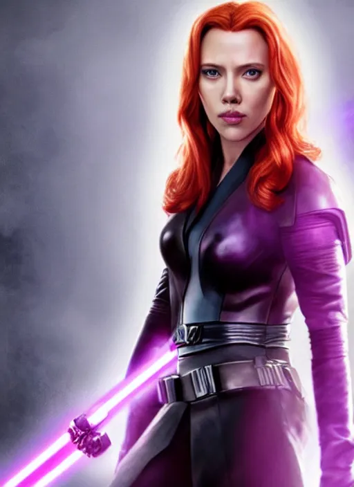 Image similar to scarlett johanson portraying a beautiful mara jade from star wars legends, in a black suit holding a purple lightsaber, movie, hyper realistic, hollywood promotional image, imax, 8 k