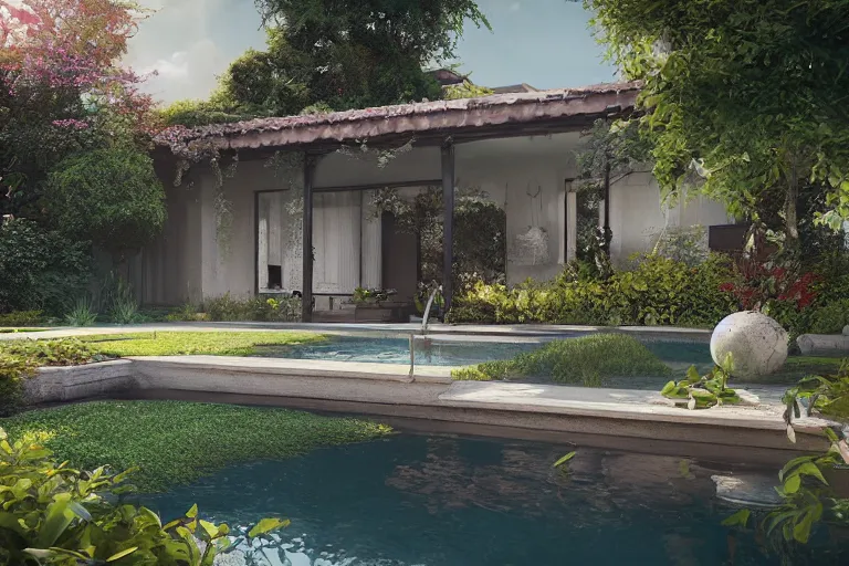 Prompt: serene garden with pool and a house in the background, hyper realistic, ambient lighting, concept art, intricate, hyper detailed, smooth, dynamic volumetric lighting, octane, raytrace, cinematic, high quality, high resolution, 4 k, cgsociety, rutkowski, gurney