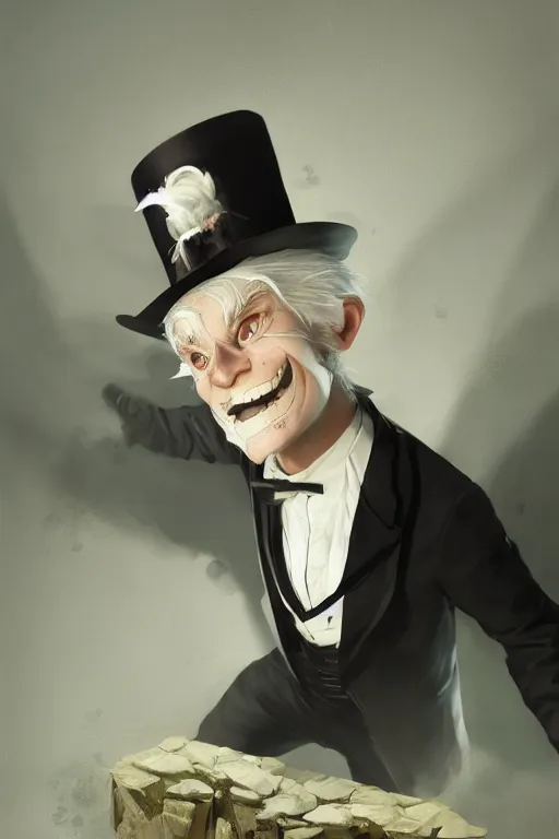 Prompt: A white hair old halfling without a beard wearing a top hat and suit by Greg Rutkowski, Sung Choi, Mitchell Mohrhauser, Maciej Kuciara, Johnson Ting, Maxim Verehin, Peter Konig, 8k photorealistic, cinematic lighting, HD, high details, dramatic, trending on artstation