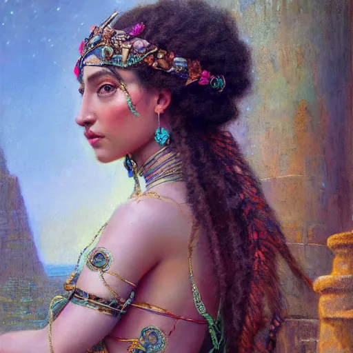 Prompt: artstation, intricate detail, hyper detail, portrait by gaston bussiere, tan skin, lady of elche, egyptian sumerian features, techno mystic goddess princess intergalactica inanna with aqua neon rapunzel dreadlocks,