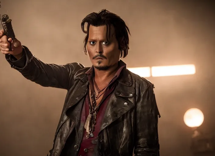 Image similar to Johnny Depp playing Ash Williams in Ash vs Evil Dead, film still, 4k