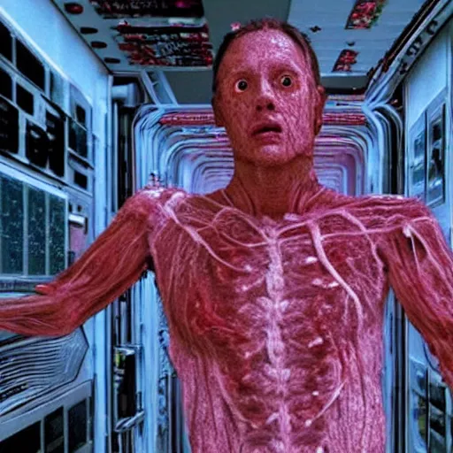 Prompt: scene from existenz, cinematic, a large box made out of human flesh, doom monster, electronic circuitry, skin, flesh!, blood, clumps of hair, lights, led, computer