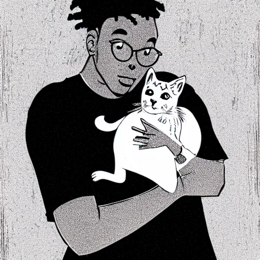 Image similar to storybook illustration of a rapper in 1 9 9 0 new york holding a kitten up to the camera, storybook illustration, monochromatic