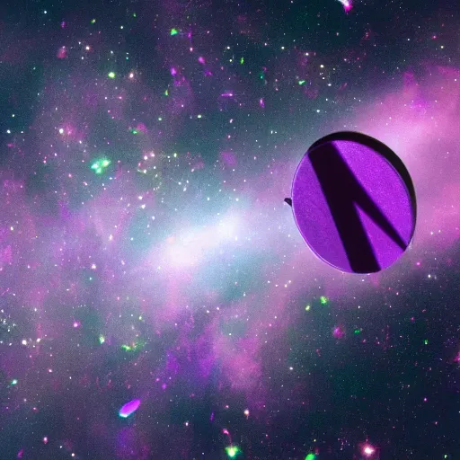 Prompt: A purple Cheese-It flying in space surrounded by colorful galaxies, 50mm, Nikon