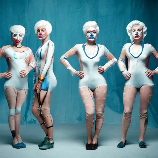 Image similar to troop of cloned freakshow women with white bob hairdos, tight light blue neopren suits, futuristic production facility, sci - fi, highly detailed, cinematic