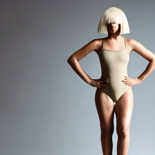 Image similar to sia furler wearing a skin colored leotard full body artistic photoshoot