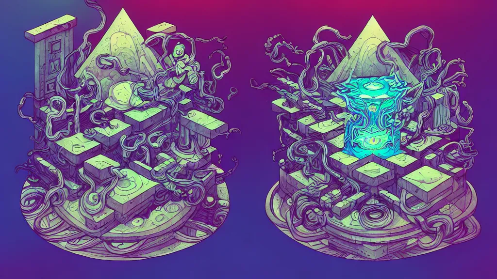 Image similar to arcane twisted turn of fate abstraction, centered award winning ink pen illustration, isometric abstract illustration by dan mumford, edited by craola, technical drawing by beeple and tooth wu, tiny details by artgerm and watercolor girl, symmetrically isometrically centered