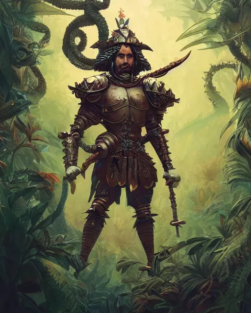 Prompt: 3d render of a spanish conquistador wearing ornate armor in a dense jungle, art by Peter mohrbacher and Dan mumford and studio ghibli and disney concept artists, fantasy, intricate octane, trending on artstation, studio ghibli color scheme, detailed, 8k, concept art, anatomy