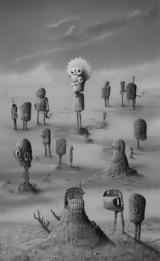 Image similar to spongebob squarepants in style of zdzisław beksinski, standing in wasteland, horror art, creepy, desolate, spongebob, spongebob, spongebob, spongebob