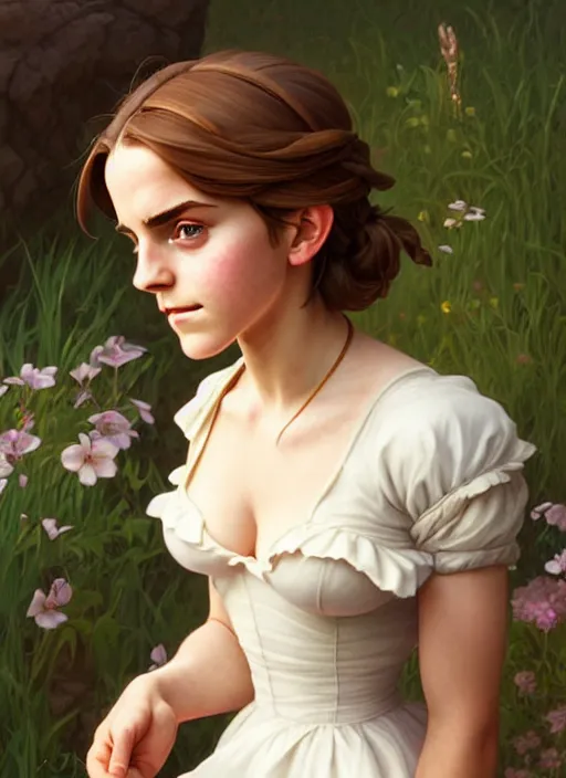 Image similar to cute buxom emma watson milkmaid, natural lighting, path traced, highly detailed, high quality, digital painting, by don bluth and ross tran and studio ghibli and alphonse mucha, artgerm