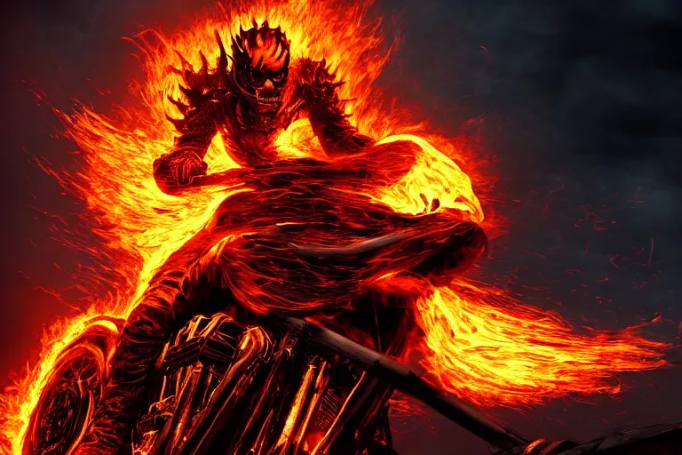 Image similar to Ghost Rider covered in flames, headshot photo, dark souls concept art, dramatic lighting, highly stylized, high-quality wallpaper, desktopography